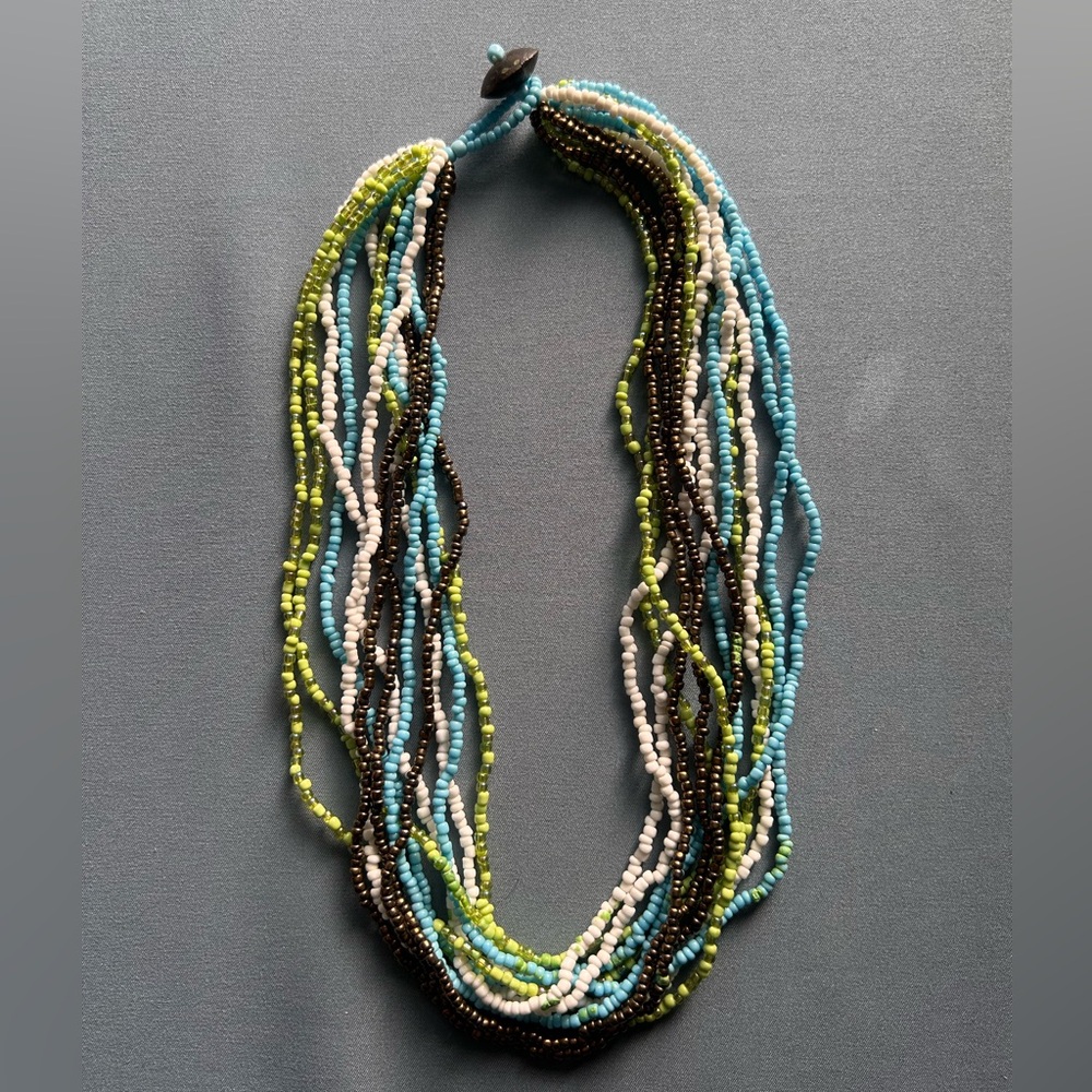 Pretty Multi Strand Beaded Necklace with Green, Teal, and White Ceramic Beads.